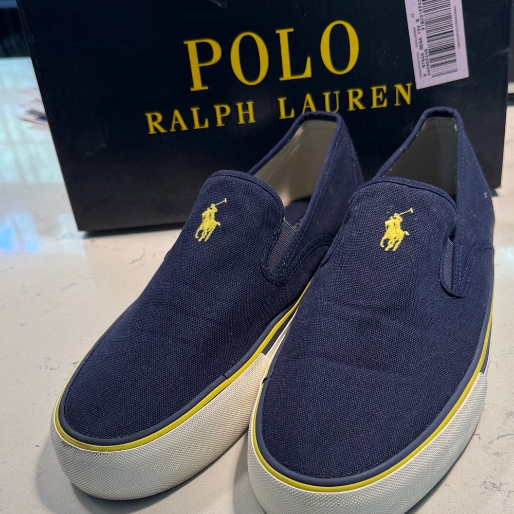 Polo by Ralph Lauren Navy Canvas Slip-On Sneakers with Yellow Polo Logo